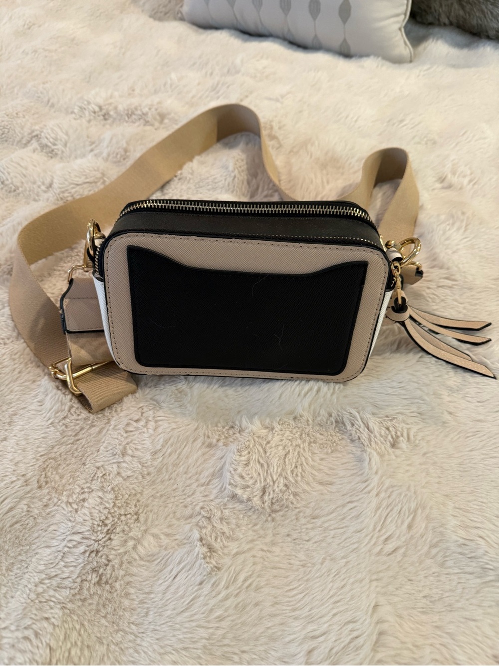 Beige and Black Crossbody Camera Bag - Adjustable Strap
